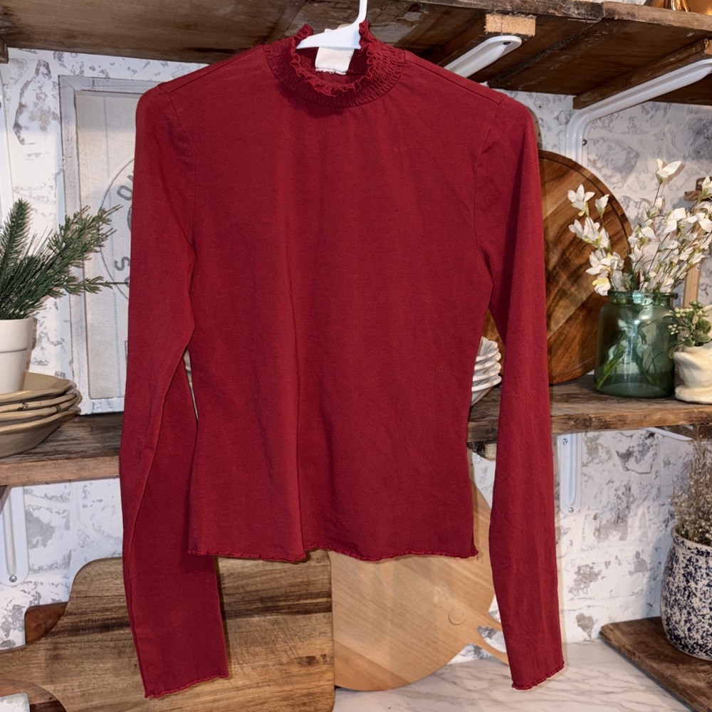 Self Esteem Y2K Women's M Smocked Neck Raw Hem Pullover Red Cozy Cotton Shirt